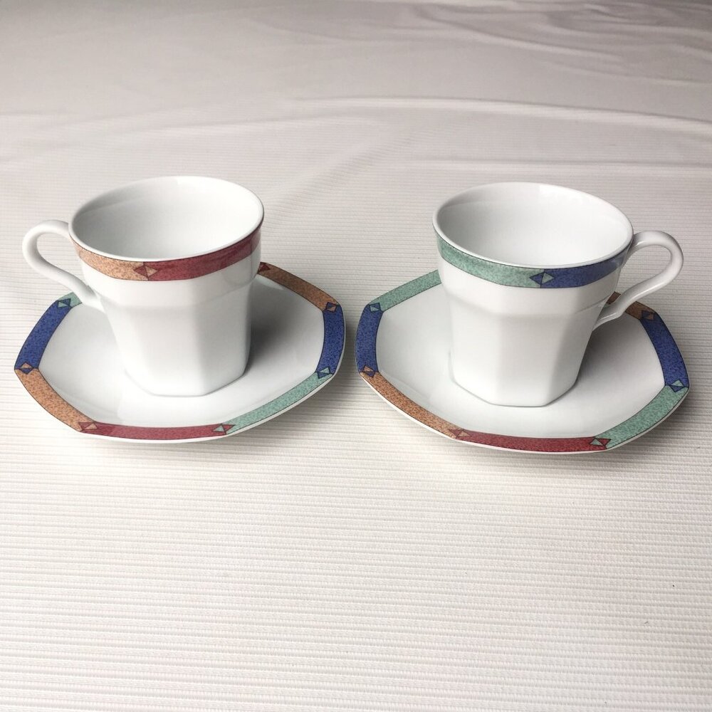 Christopher Stuart Diamond Optic Coffee Tea Cup Saucer Octagon Set of 2 Stylish
